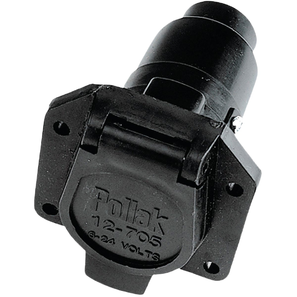 Black 7-blade vehicle side connector with protective cover designed for secure trailer electrical connections