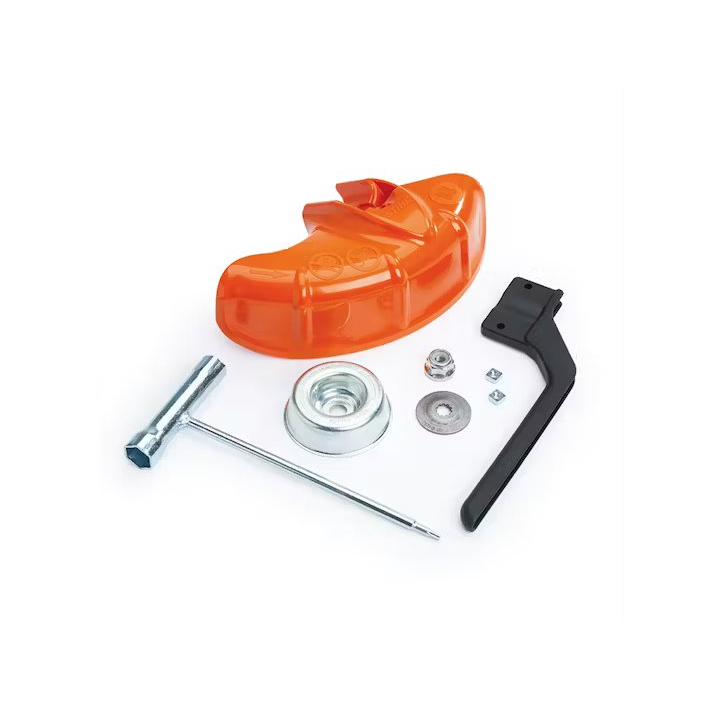 STIHL blade installation kit with orange guard, metal tools, and hardware for STIHL parts and lubricants collection under $50