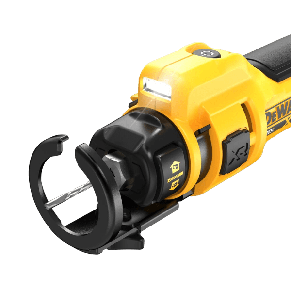 Yellow and black brushless drywall cut-out tool with LED light and protective guard for precision home improvement tasks