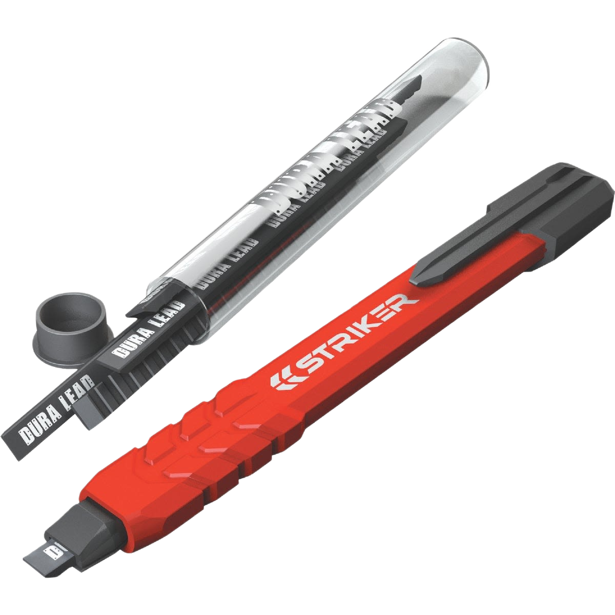 Red and black mechanical carpenter pencil with black lead refills in clear plastic container for woodworking tools collection