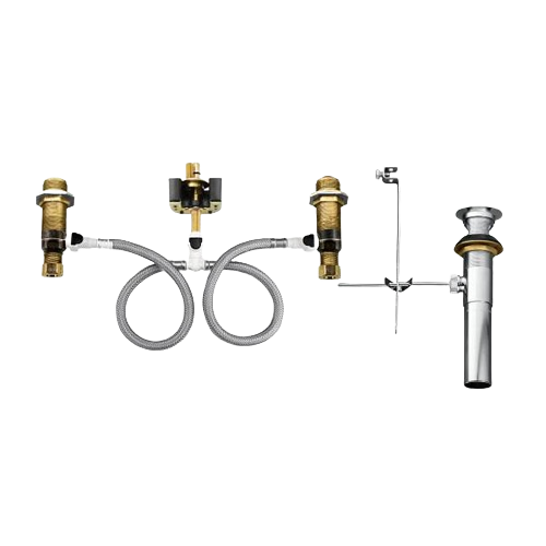 Widespread lavatory valve assembly with flexible hoses and drain pipe for bathroom faucet plumbing and home improvement