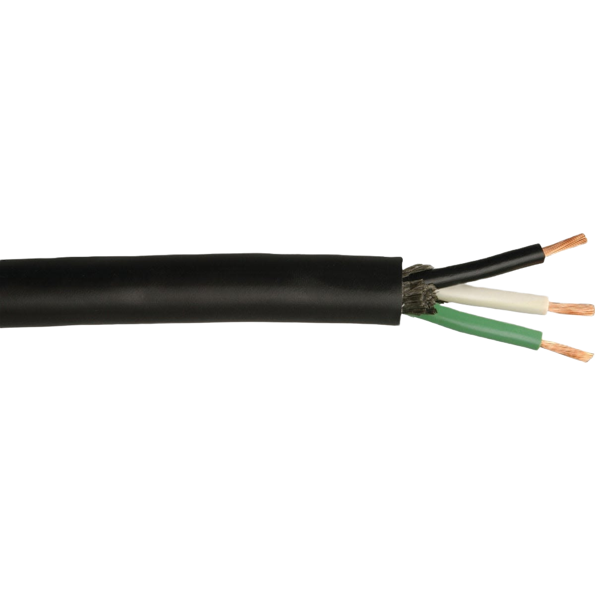 Black round electrical wire with three exposed copper conductors for wire and home improvement projects