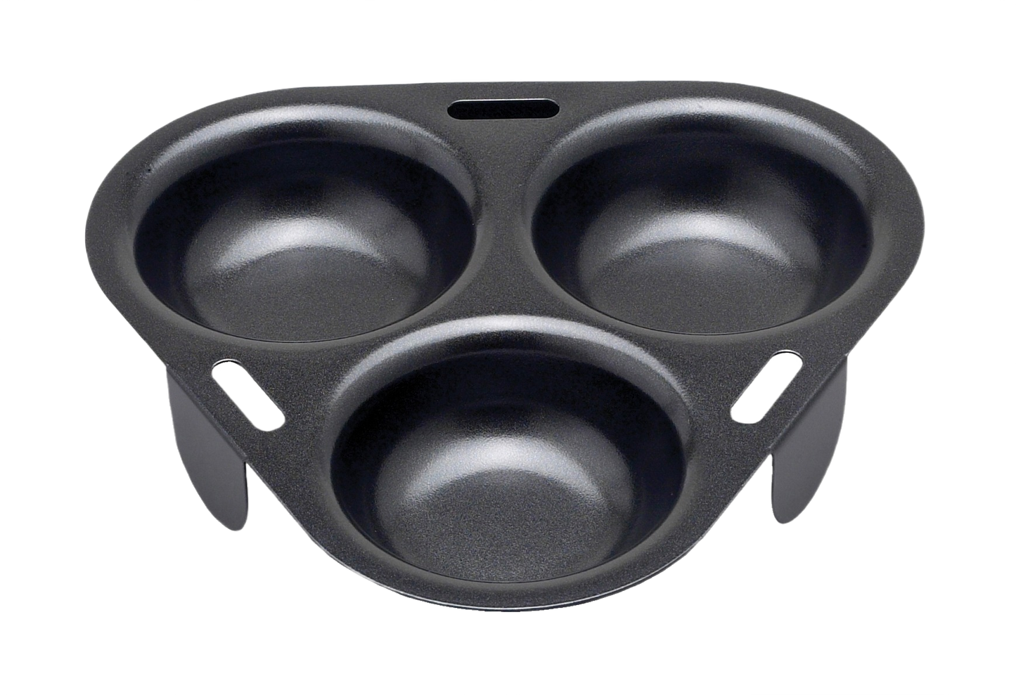 Black non-stick carbon steel egg poacher insert with three cups for kitchenware and cooking tool collections
