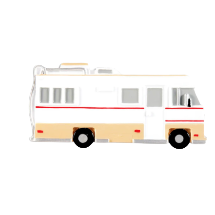 Vintage-style white and tan RV camper ornament with red stripe, festive Christmas tree decoration under $50