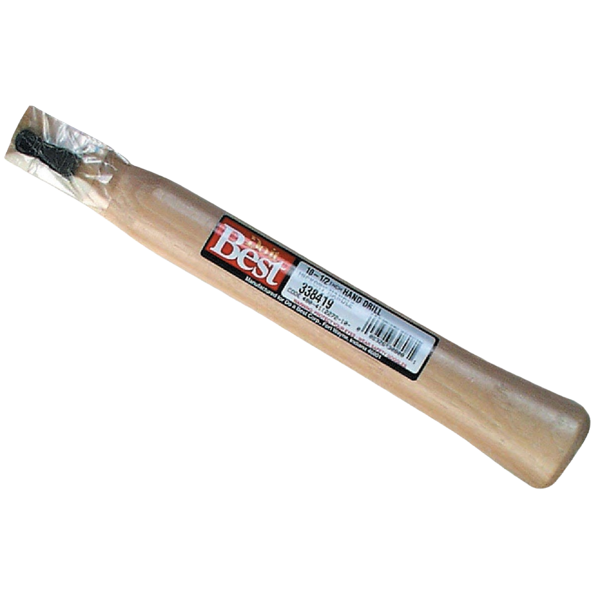 Smooth straight hickory hammer handle with natural wood finish and label on packaging for home improvement tools