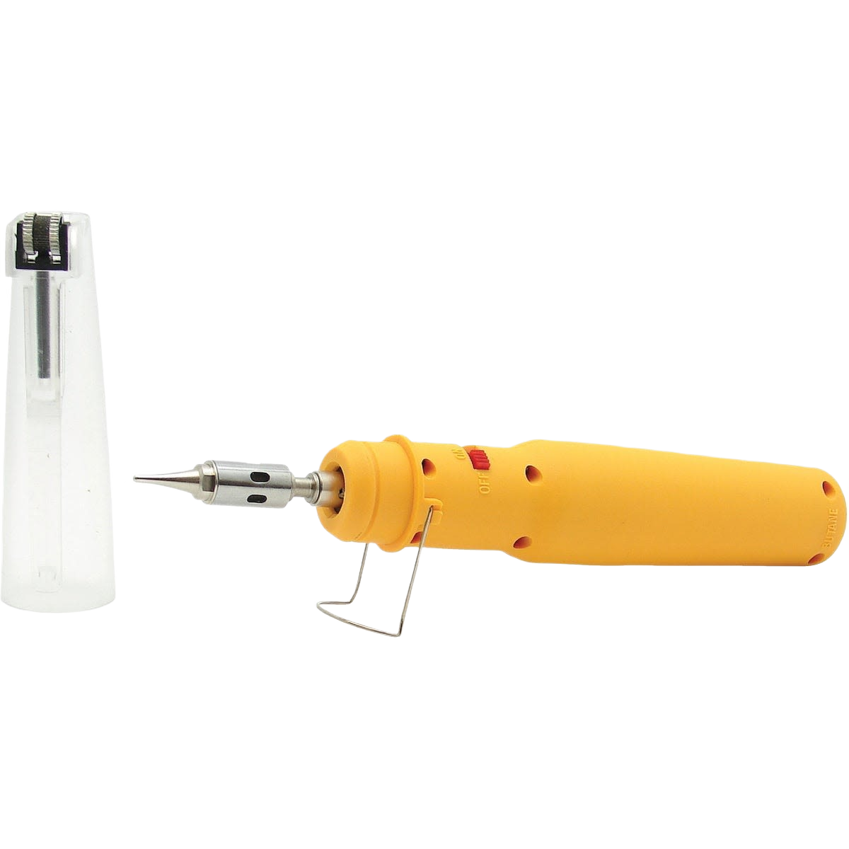 Yellow cordless butane soldering iron with metal stand and clear protective cap from plumbing tools collection
