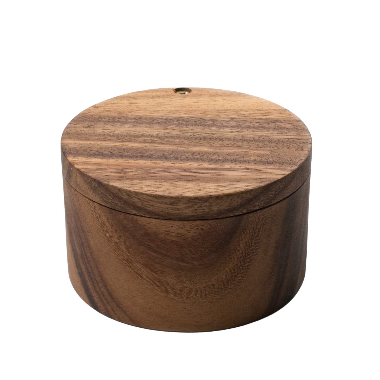 Round acacia wood salt cellar with a tight-fitting lid for kitchen utensils in under $50 cooking utensils collection