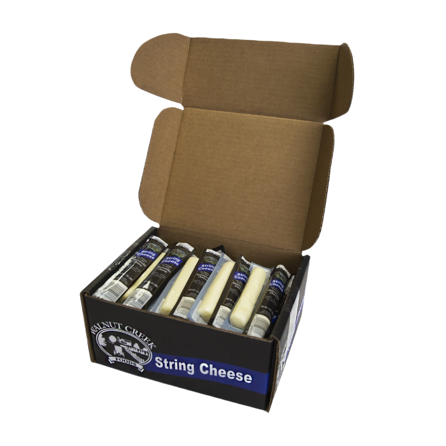 Open box of individually wrapped string cheese sticks in black packaging for snack and food collections
