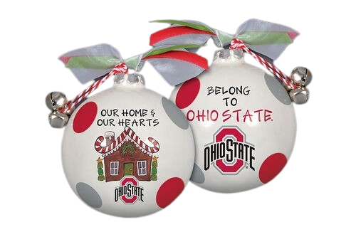 Set of two Ohio State-themed round Christmas ornaments with gingerbread house and team pride designs under $50 collection