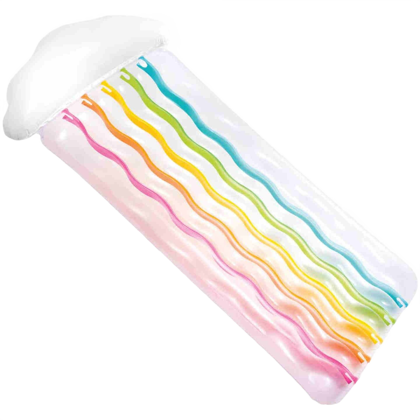Inflatable pool float with rainbow-colored wavy stripes and cushioned white pillow for outdoor relaxation