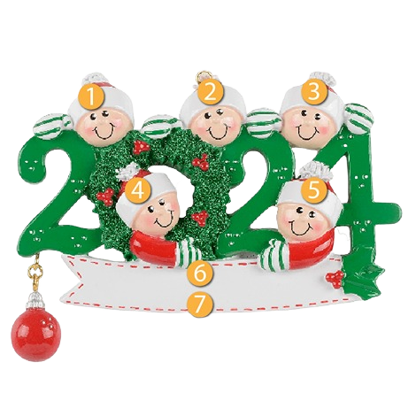Green and red 2024 ornament with smiling family faces inside holiday wreath for Christmas Ornaments & Tree Decorations collection