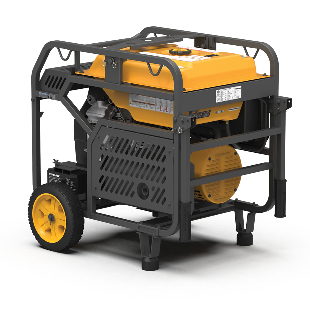 Portable generator with yellow fuel tank, black metal frame, wheels, suitable for outdoor power and home improvement use