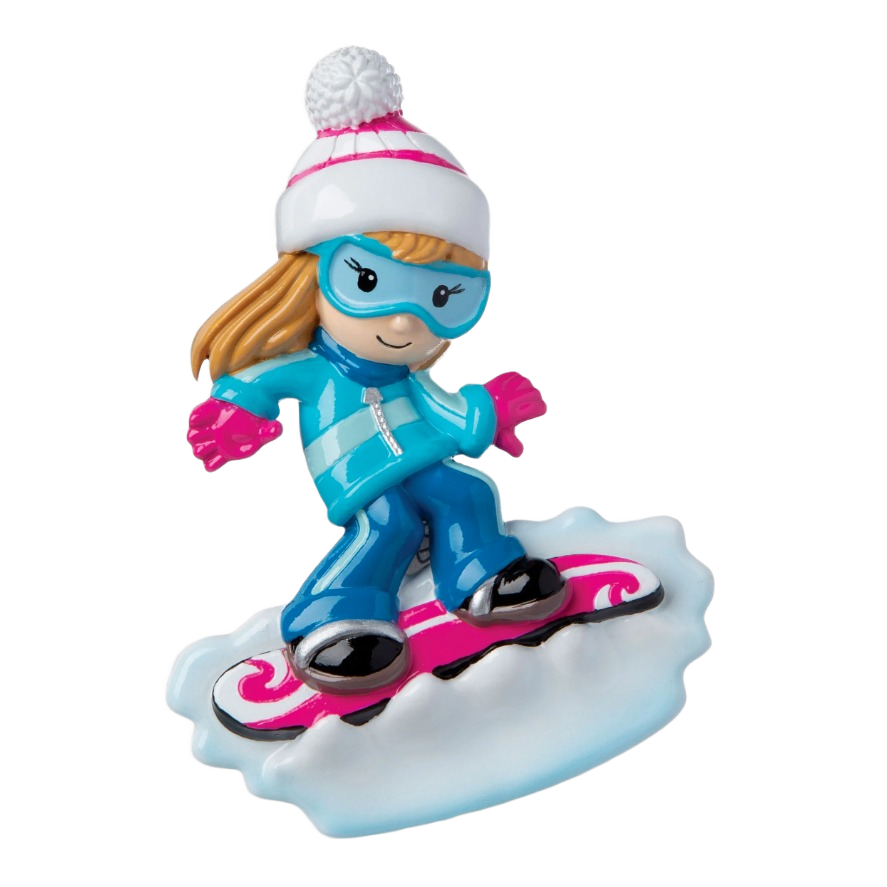 Girl figurine snowboarding in blue jacket with pink gloves and white winter hat from Christmas Ornaments collection under $50