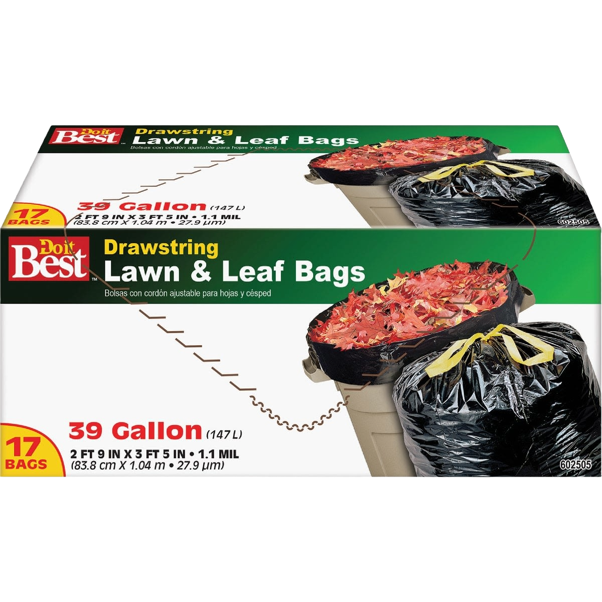 Box of black drawstring lawn and leaf bags with yellow ties, holding yard waste, for cleaning and trash use.