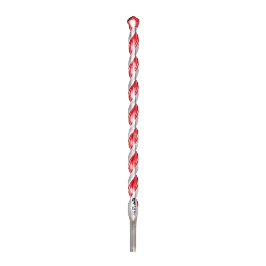 Carbide-tipped hammer drill bit with red and silver spiral design for concrete and masonry in drill bits and power tool accessories