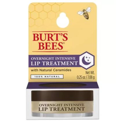 Burt's Bees overnight lip treatment jar with natural ceramides in light yellow and brown packaging