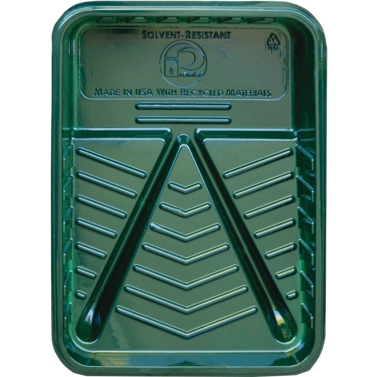 Green plastic paint tray resistant to solvent, designed for use with paint supplies and rollers in home improvement projects
