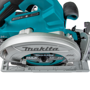 Blue-green Makita cordless circular saw with brushless motor and 7-1/4 inch blade for home improvement tasks