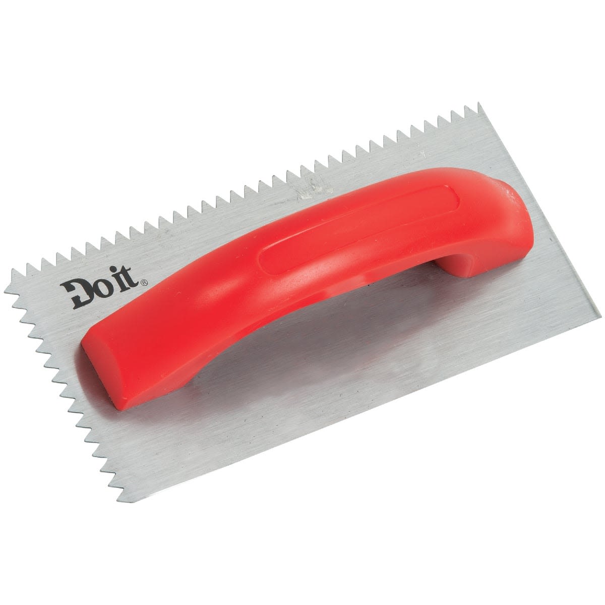 Hand tool with tempered steel blade and red ergonomic handle for applying adhesives in flooring and gardening tasks