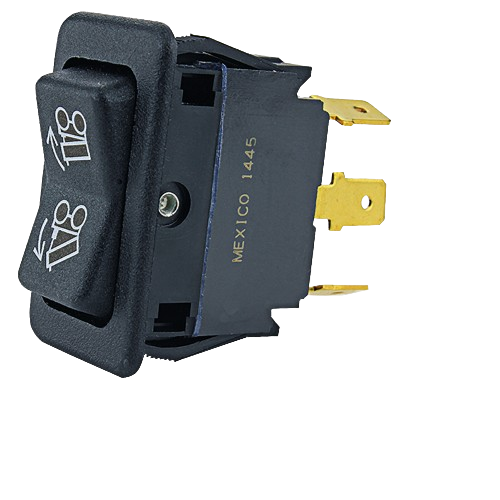 Black rectangular rocker switch with white lift and lower icons and three brass electrical terminals