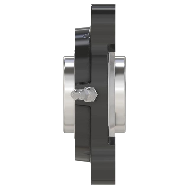Side view of a durable bearing with black housing and polished metal inner ring for tools and home improvement use