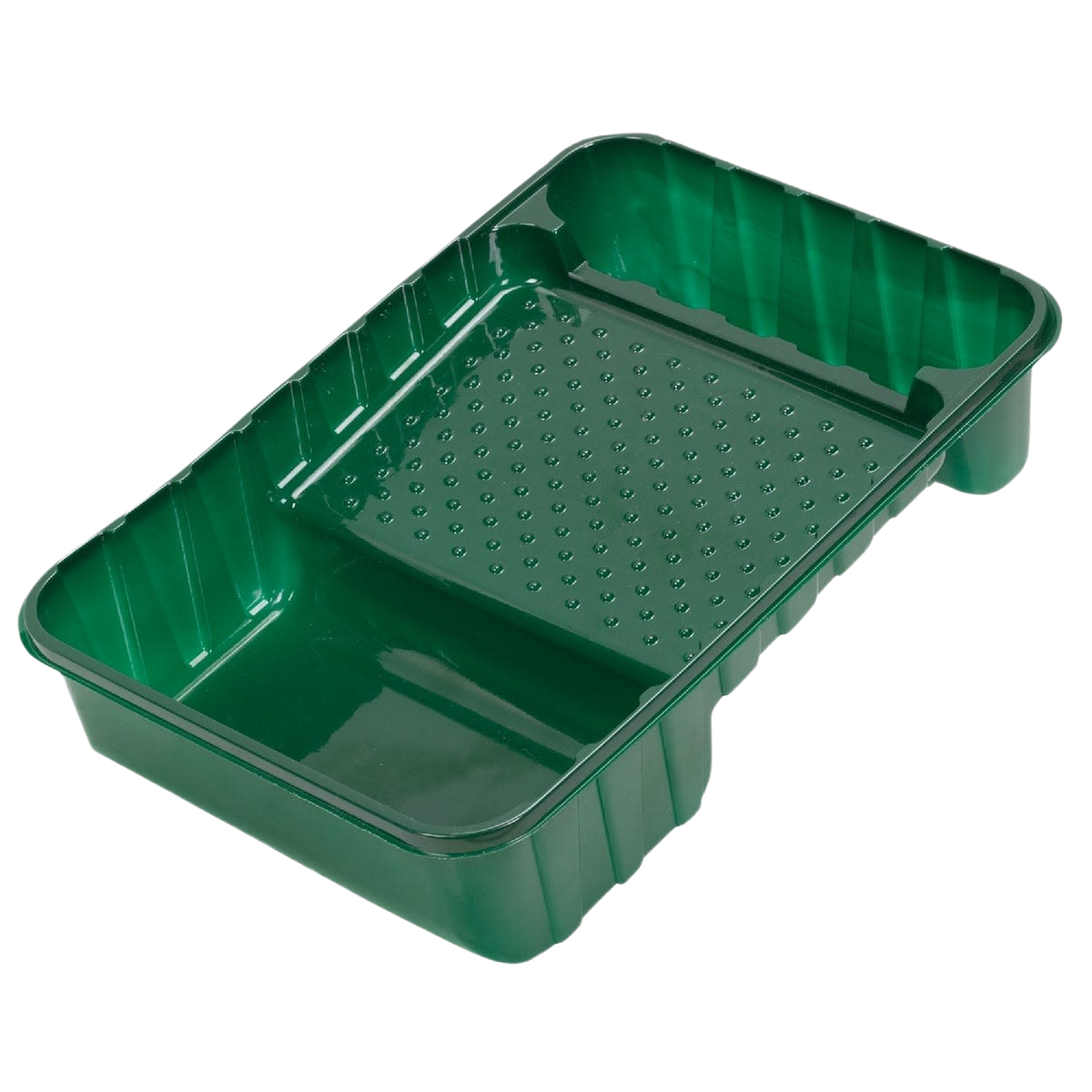 Green plastic paint tray designed for small roller use in home improvement and paint supply collections