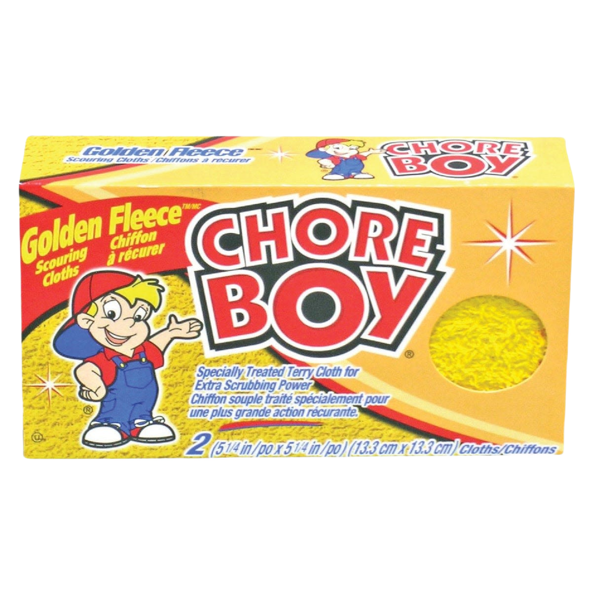 Box of two yellow Golden Fleece scouring cloths from Chore Boy for cleaning and home improvement tasks under $50
