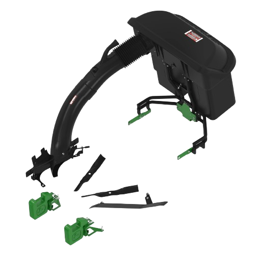Black and green John Deere material collection attachment with two bags for parts and lubricants in home improvement tools