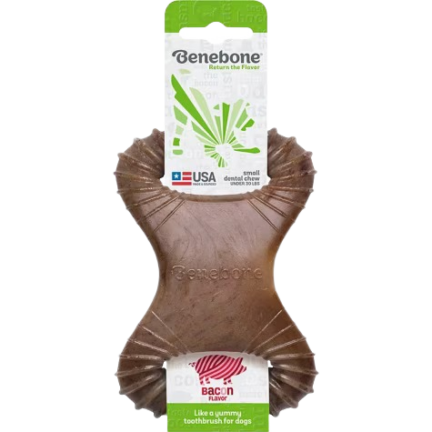 Bacon-flavored Benebone Dental Chew with textured ridges for dogs, promoting teeth cleaning and gum health.