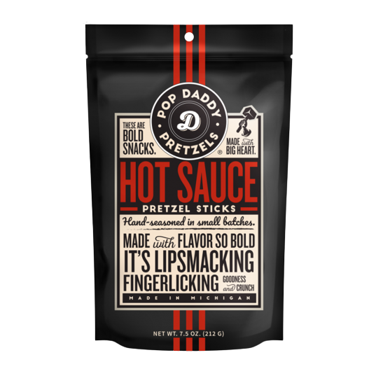 Black pouch of hand-seasoned hot sauce pretzel sticks for bold snacks in Chips & Snacks and Food & Beverage collections under $50