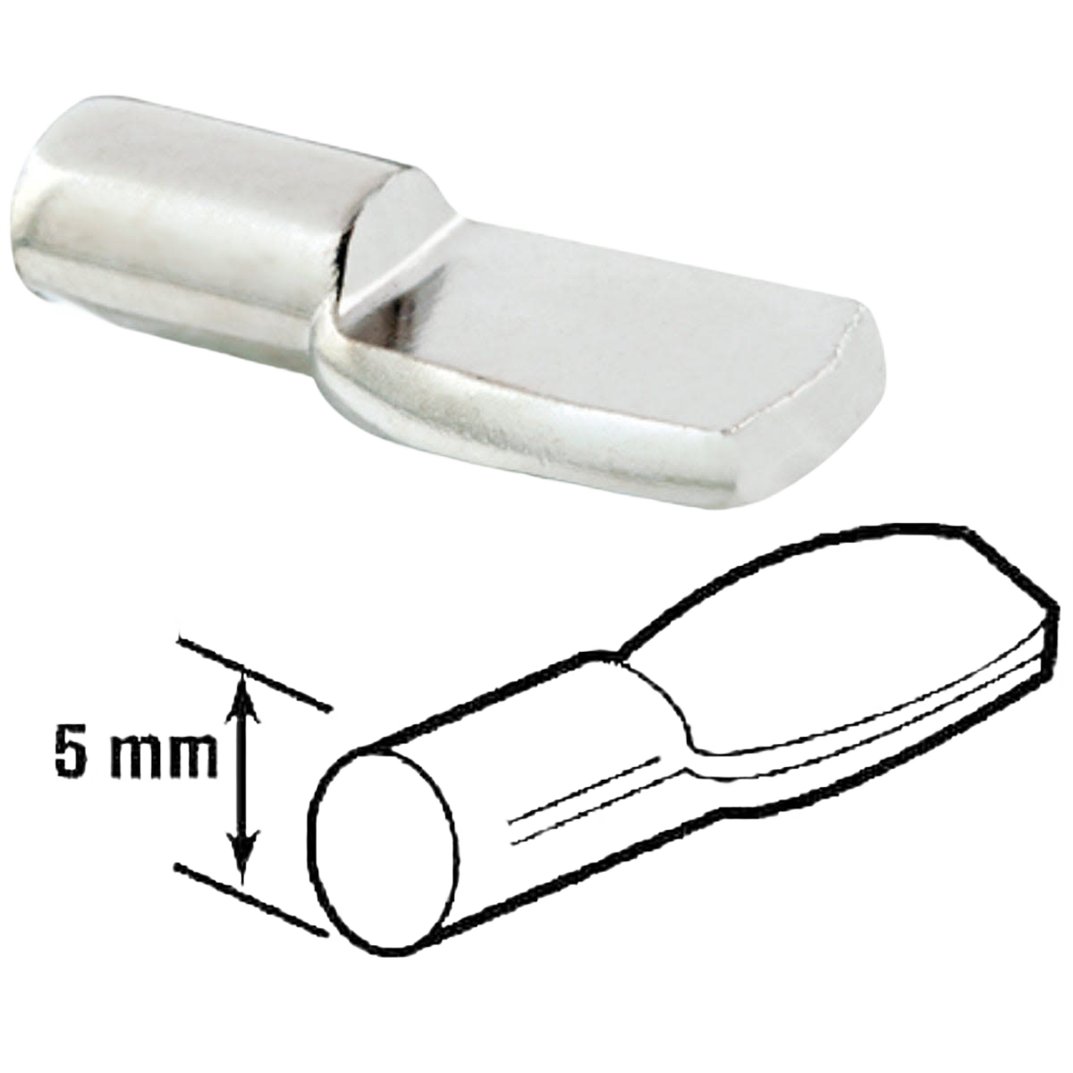 Nickel-plated metal shelf support peg for 5mm holes, included in shelving accessories and storage organization collections