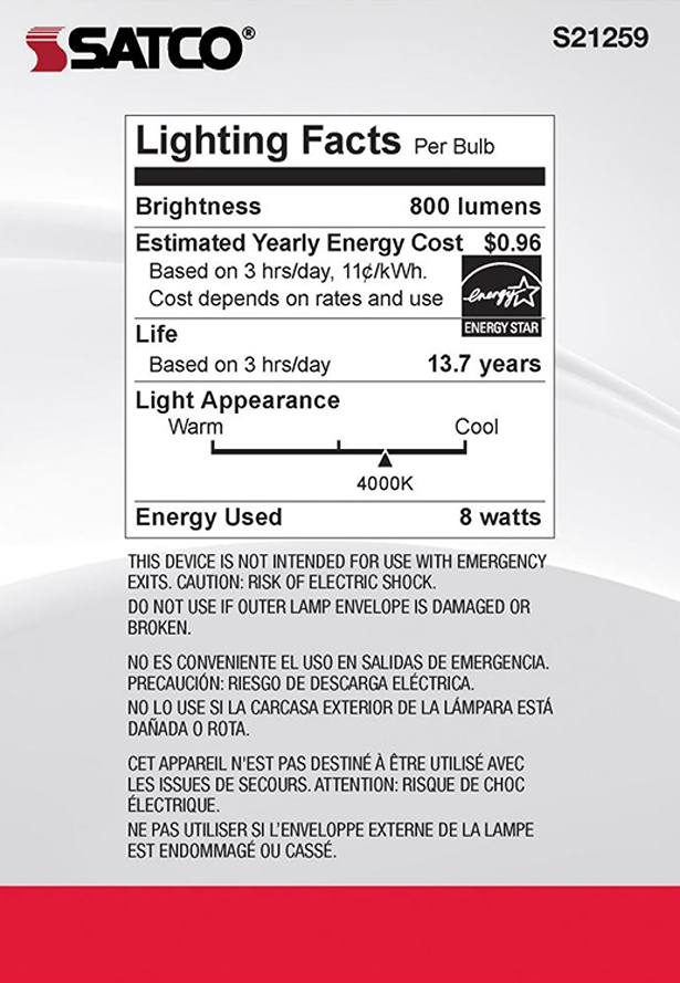 Energy Star certified lighting facts label showing 800 lumens brightness and 8 watt energy use for LED bulb in home improvement collections