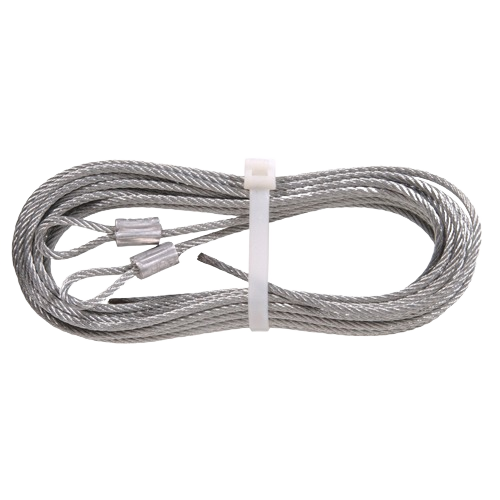 Coiled steel extension cable with loops and metal sleeves secured by a white plastic fastener for home improvement tasks