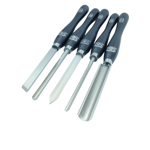 Set of five cryogenically treated woodturning tools with ergonomic black handles in woodworking tools collection