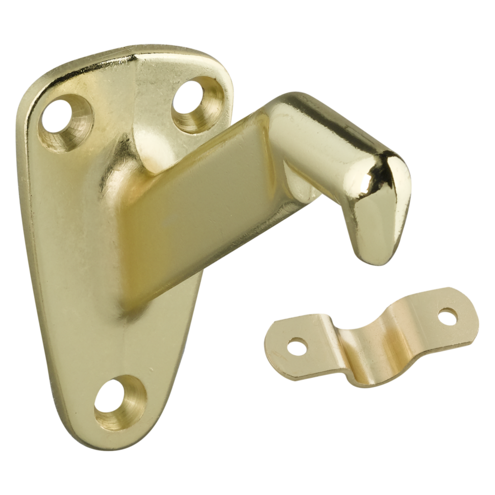 Polished brass handrail bracket with mounting plate and bracket clip for sturdy handrail support in home improvement projects