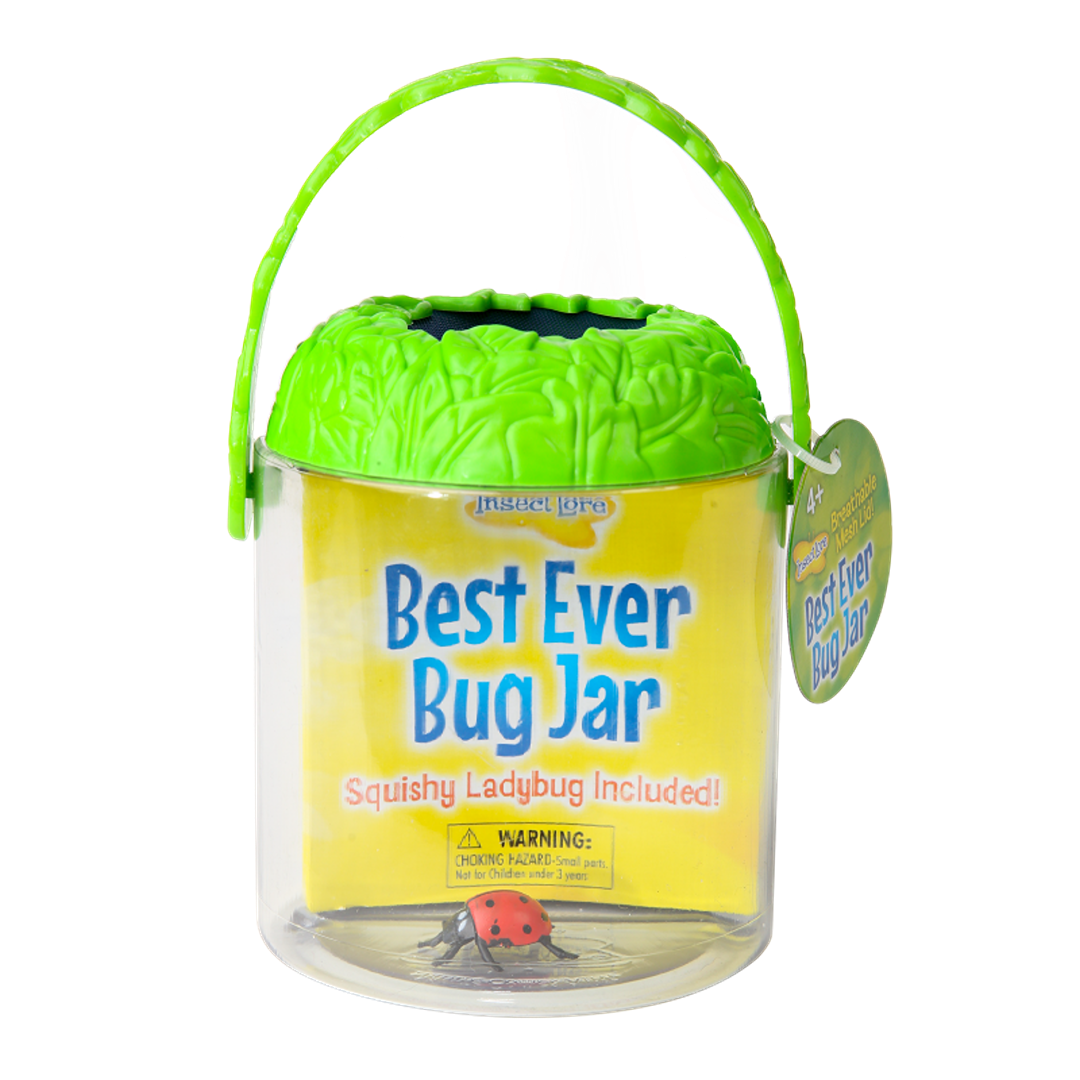 Clear bug jar with green leafy lid and handle, featuring a toy ladybug inside for educational insect observation