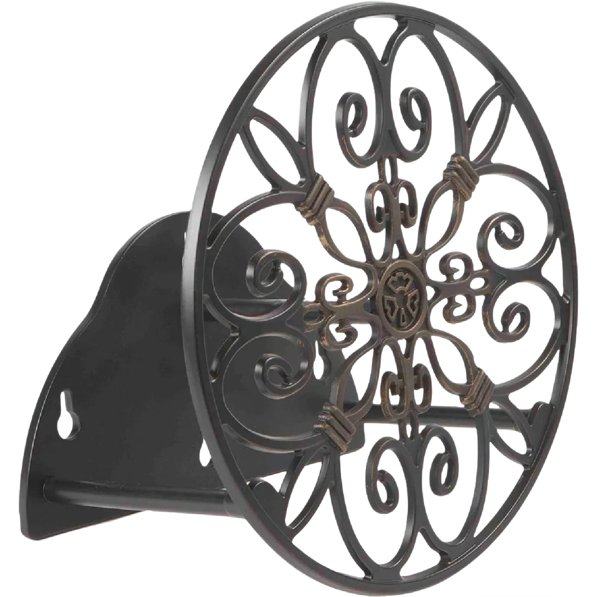 Decorative metal hose hanger with intricate scrollwork design and sturdy wall mount for garden hose storage