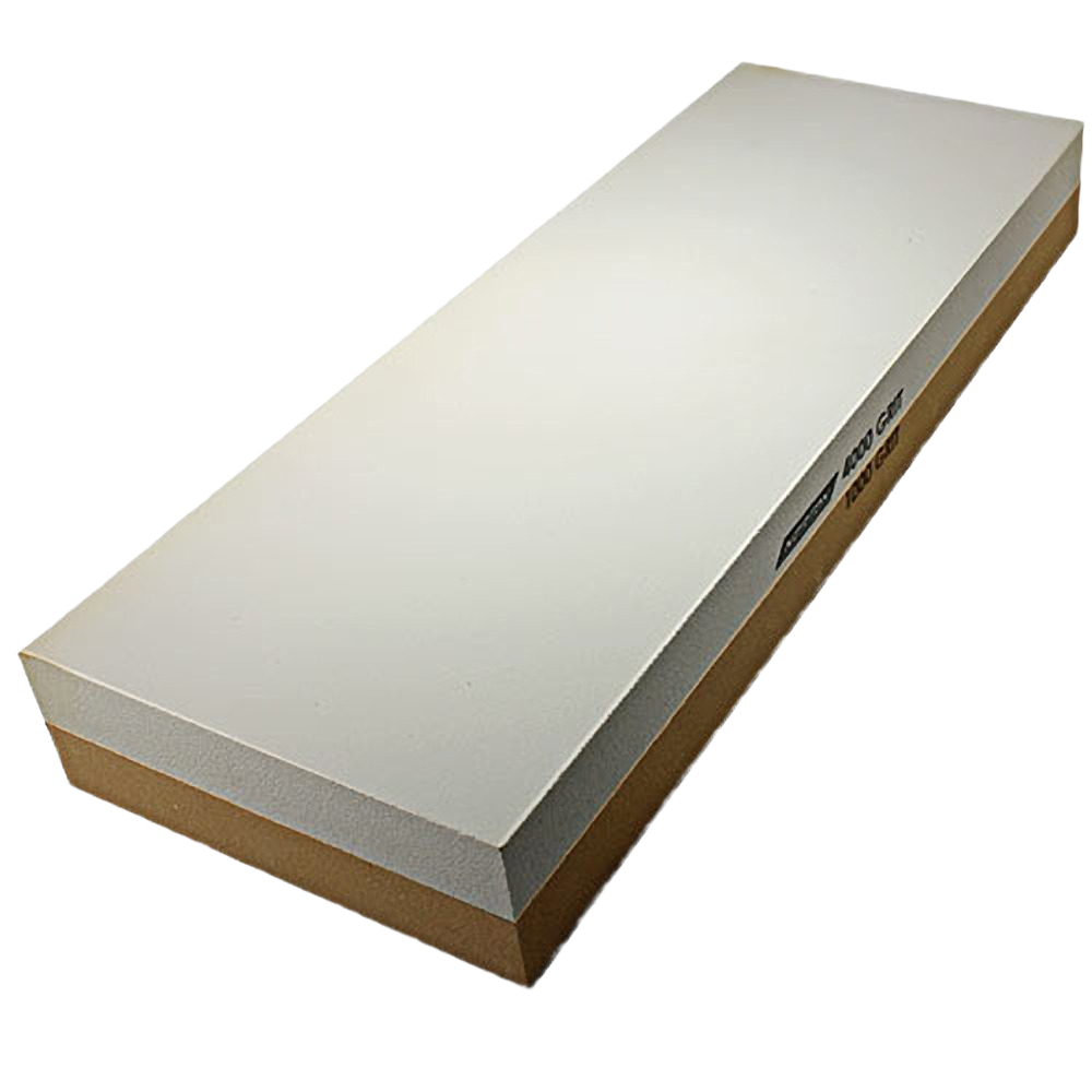 Dual-sided sharpening stone with 1000 and 4000 grit surfaces for tools and home improvement sharpening tasks