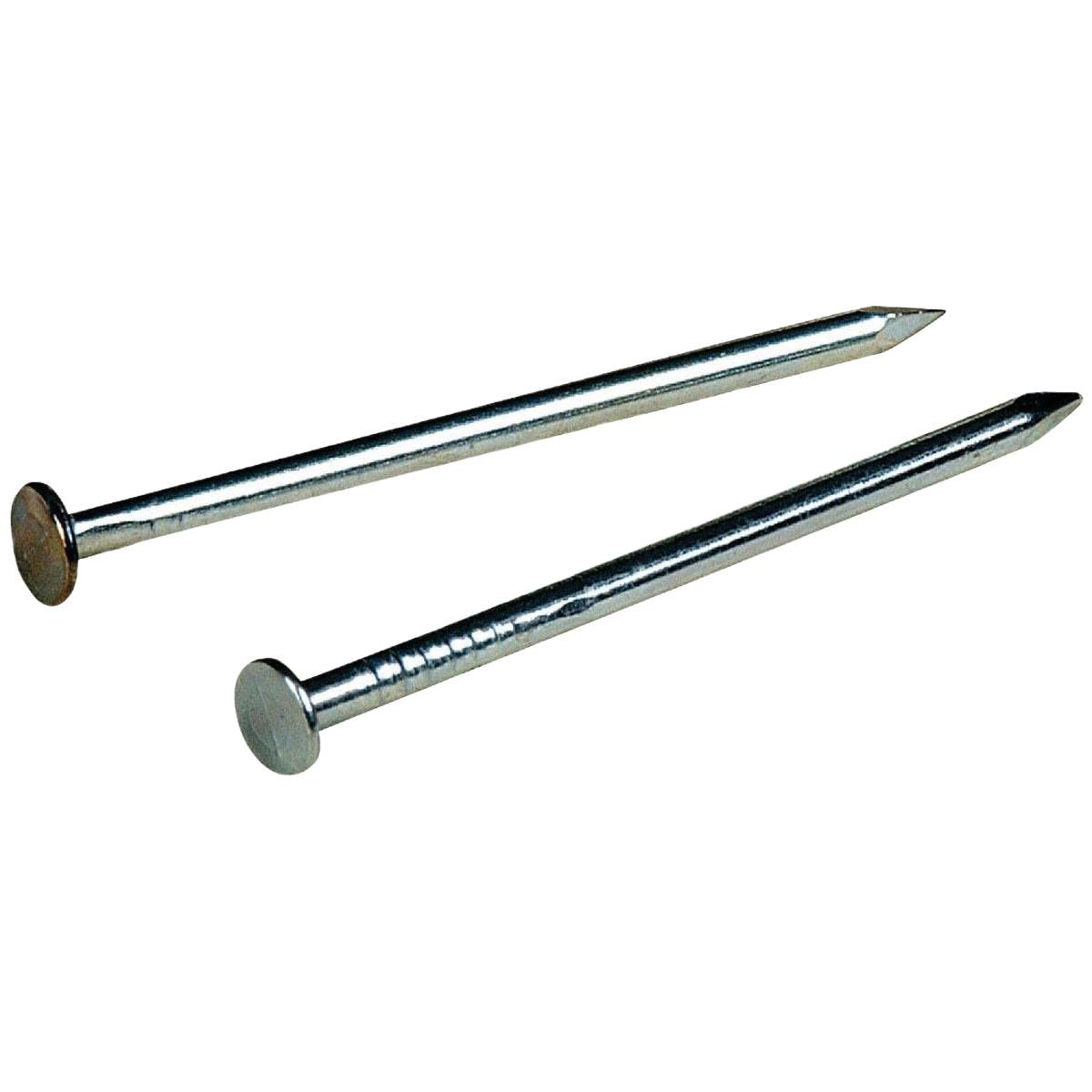Two bright steel wire nails with flat heads for fastening in hardware and woodworking projects