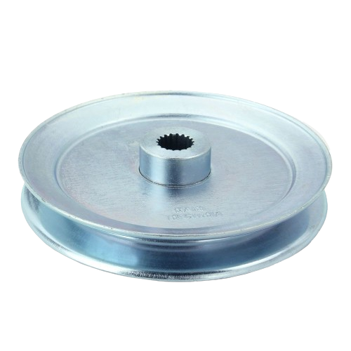 Metal pulley wheel with central splined hub designed for power transmission in mechanical tools and home improvement equipment