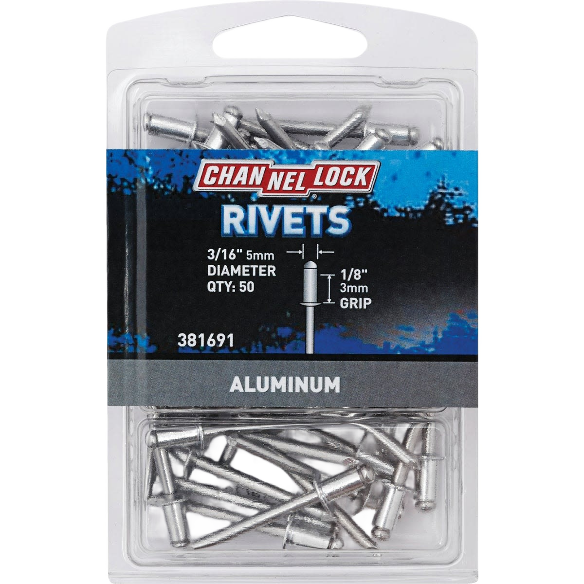 50-pack aluminum multi-grip rivets with 3/16 inch diameter and 1/8 inch grip for hardware and fasteners collections