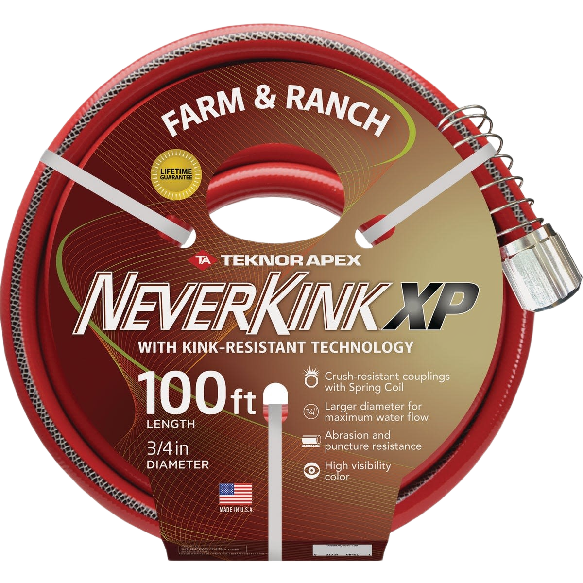 Red heavy-duty garden hose with metal coupling and label highlighting kink-resistant technology and durable design features