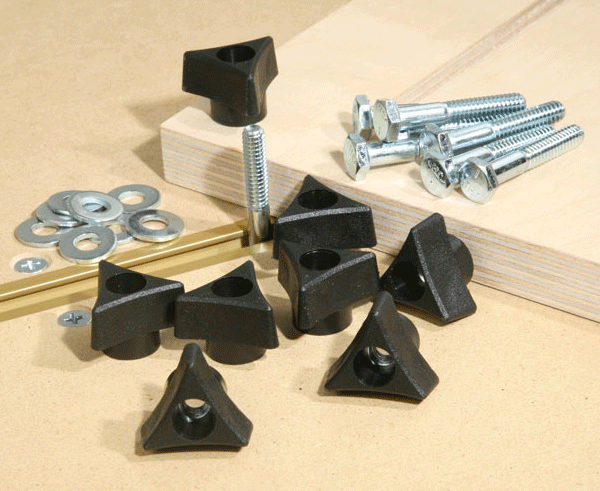 Eight black plastic twist knobs with bolts and washers for woodworking tools and home improvement projects under $50 collections