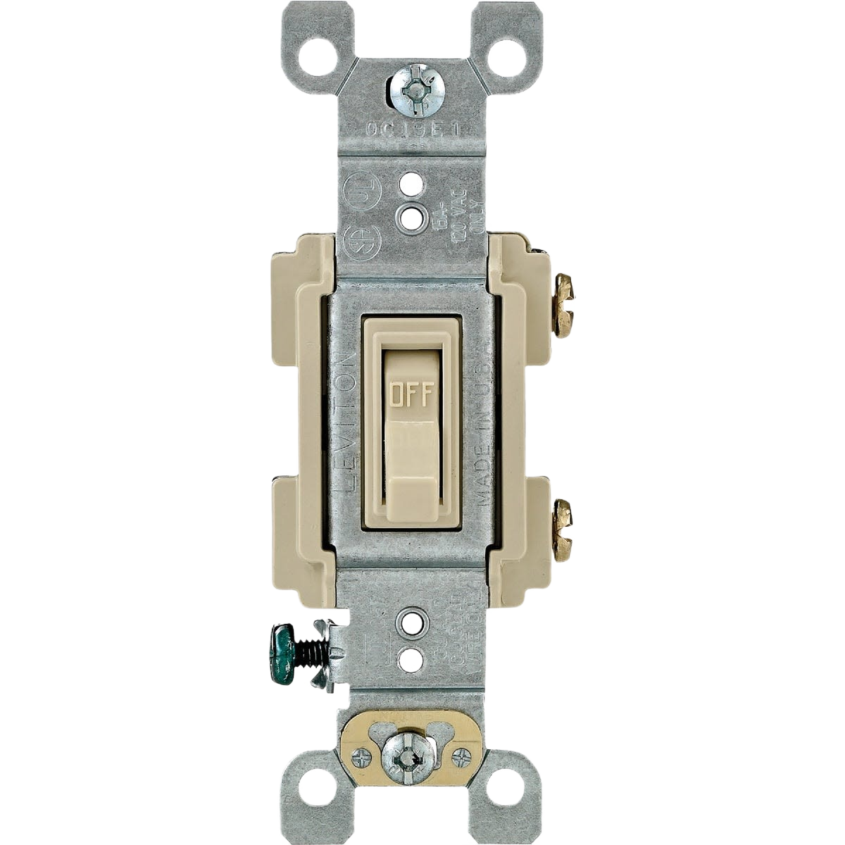 Ivory toggle single pole switch with metal mounting frame for residential electrical and home improvement use