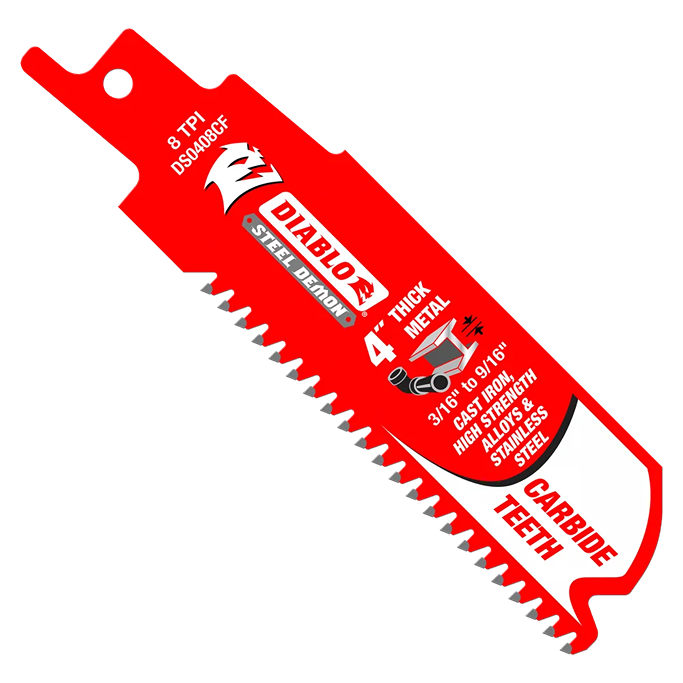 Red 4-inch carbide blade with 8 TPI for cutting thick metal in power tool and saw accessories collections