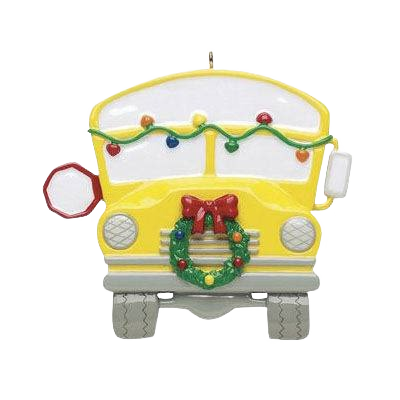 Yellow school bus ornament decorated with Christmas wreath and string lights for holiday tree under $50 collection