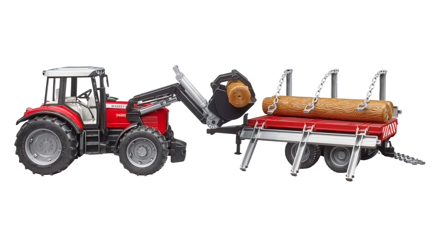 Red and gray Massey Ferguson tractor toy with front loader lifting log on attached logging trailer in Bruder Toys collection