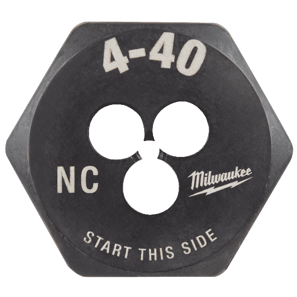Hexagonal threading die for 4-40 NC threads with Milwaukee branding for tools and home improvement use
