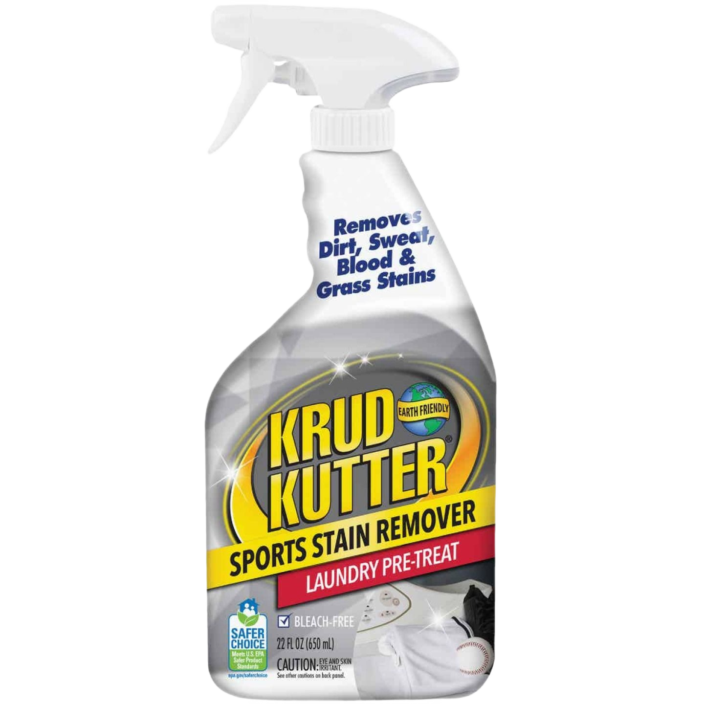 Spray bottle of Krud Kutter sports stain remover for cleaning supplies, tackling tough dirt, sweat, blood, and grass stains