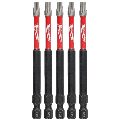 Set of five red and black 3-1/2 inch T25 TORX impact duty bits for tool accessories and power tools collections